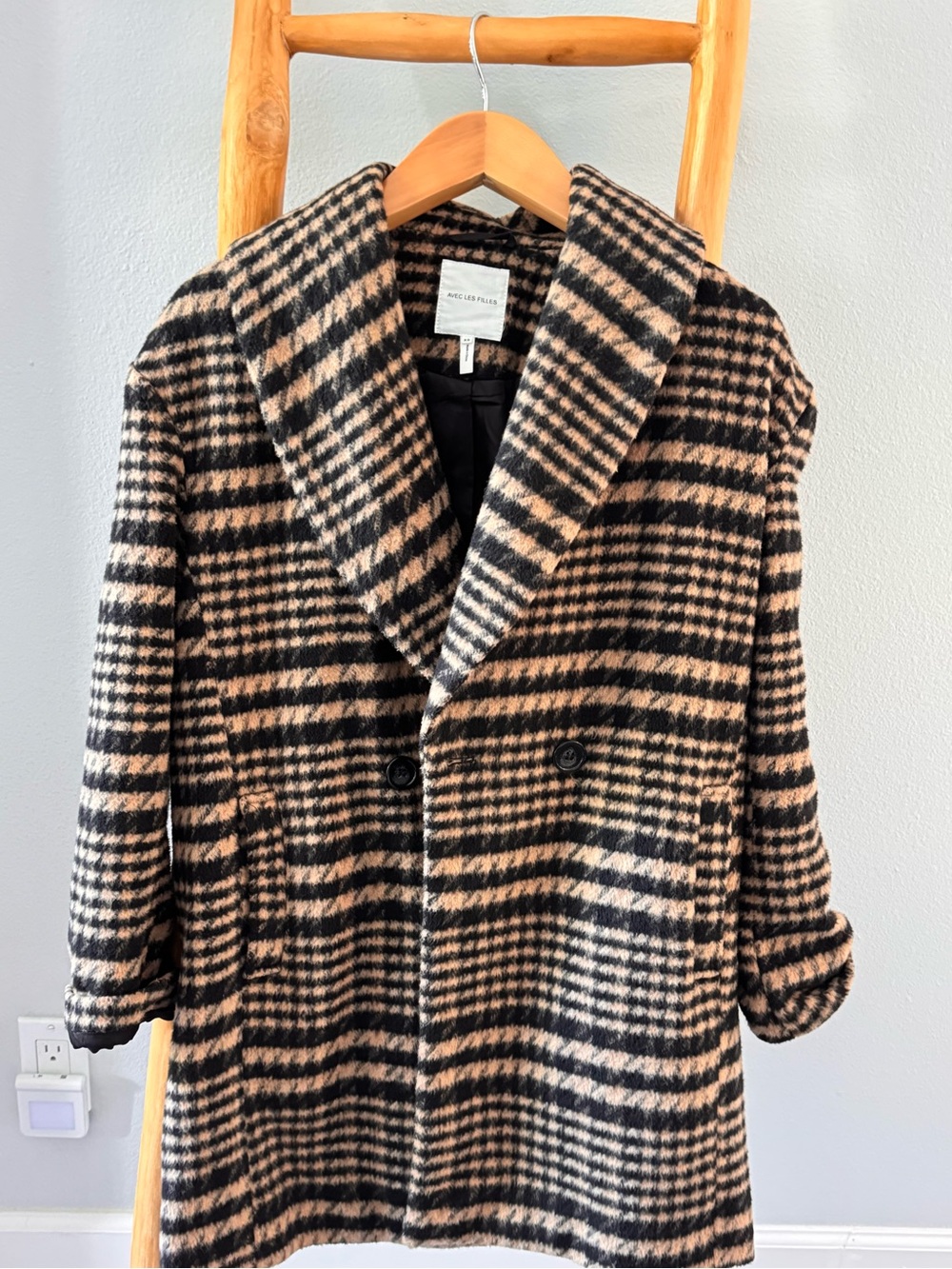 Avec Les Filles Black & Tan Plaid Double-Breasted Pea Coat